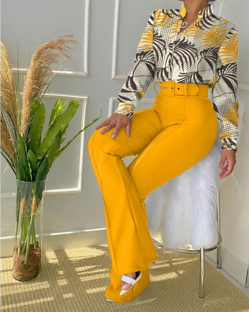 

Tropical Print Button Down Shirt & Bootcut Pants Set With Belt, Yellow