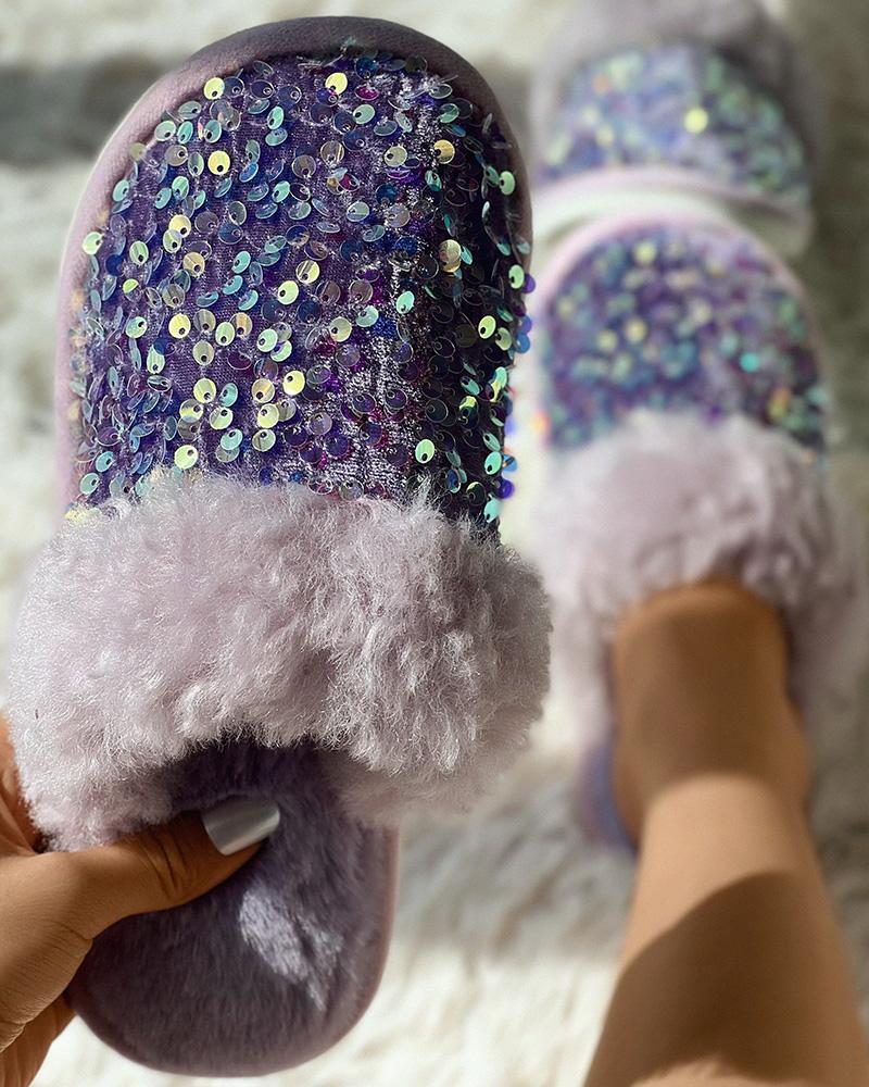 

Contrast Sequin Fuzzy Trim Slippers, Purple