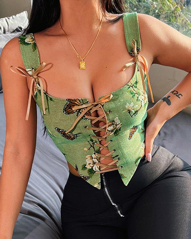 

Floral Butterfly Embroidery Lace-up Hanky Hem Crop Top, Green