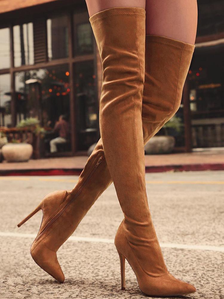 

Knee-High Pointed Toe Heels Red Boots - Brown