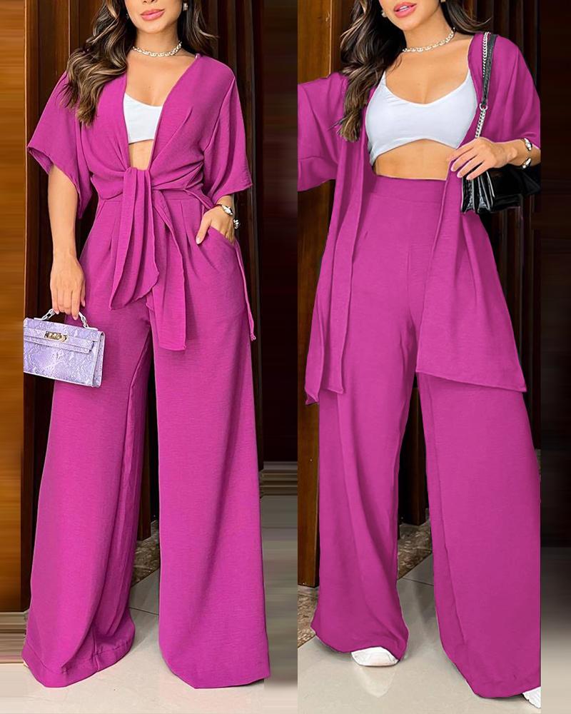 

Open Front Split Hem Top & High Waist Pants Set, Purple