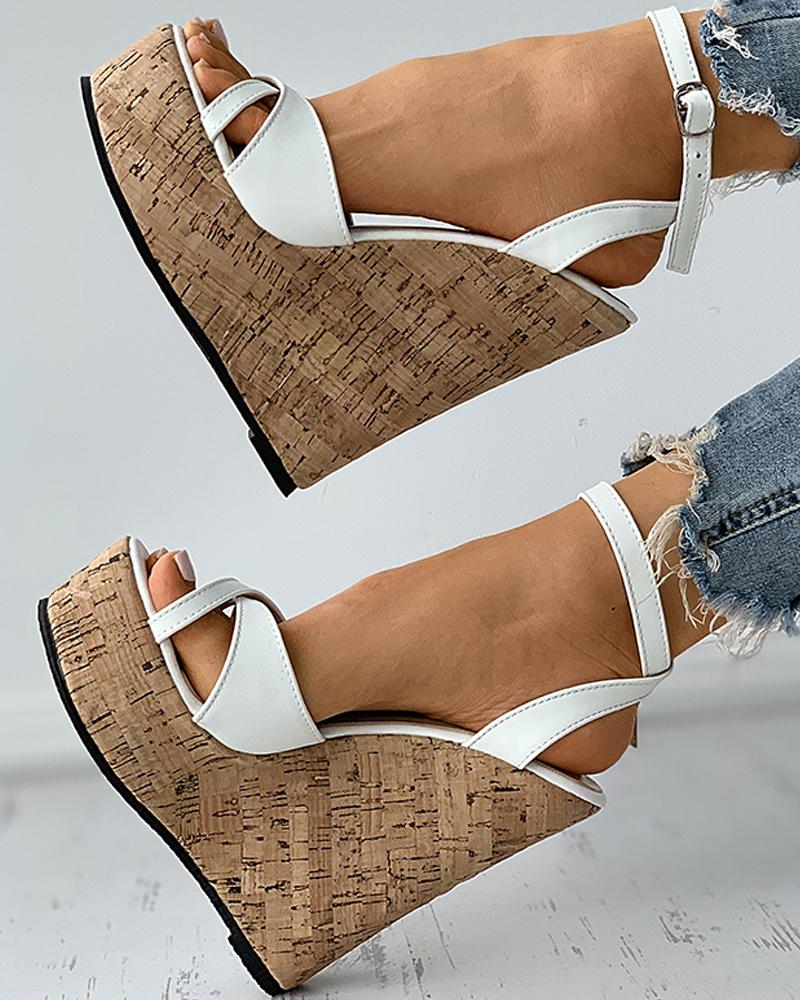 

Peep Toe Cutout Woven Flax Wedges Sandals, White
