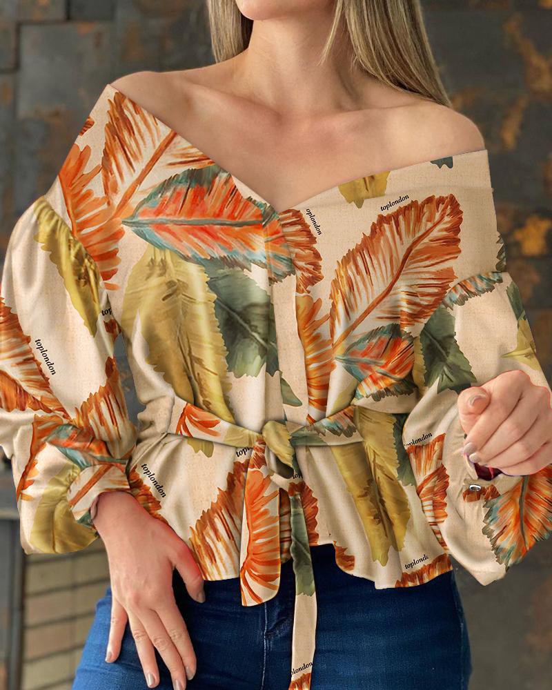 

Tropical Print Lantern Sleeve Tie Front Top, Multicolor