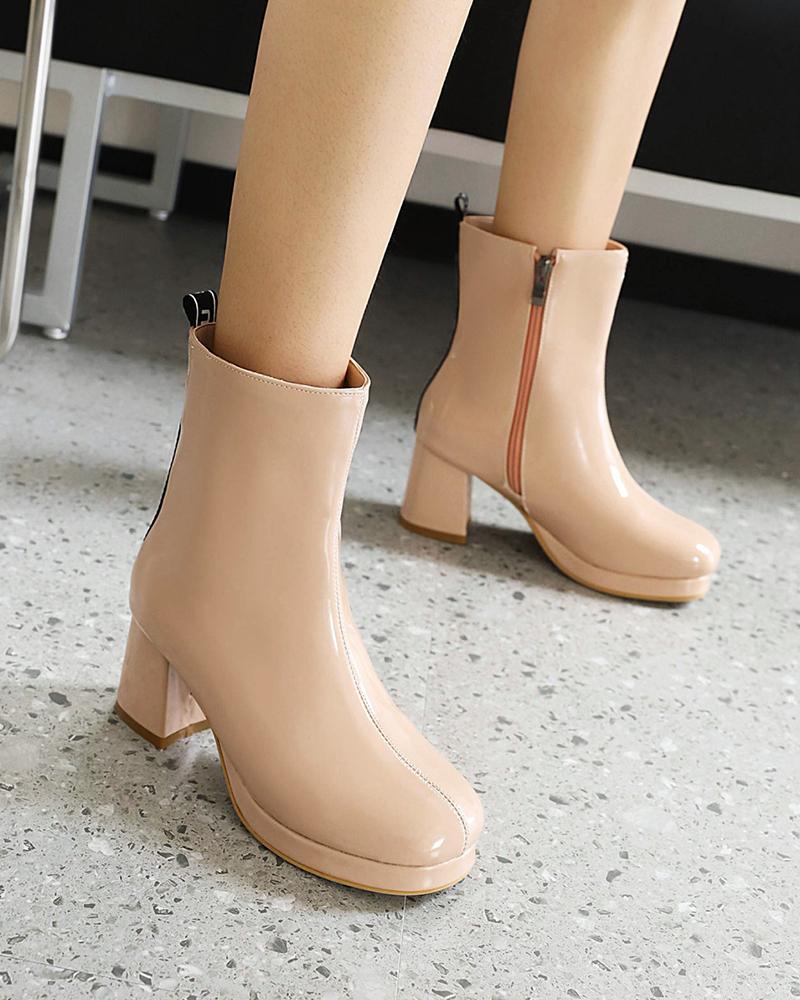 

Round-toe Lacquered Leather Ankle Boots, Apricot