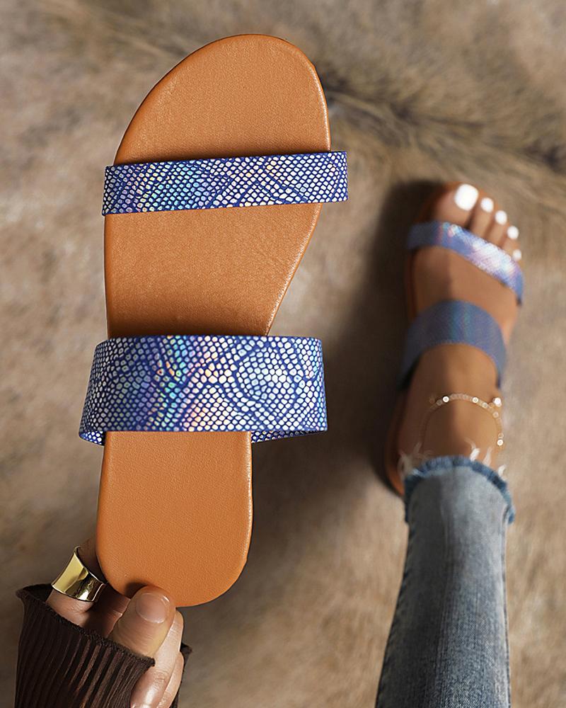 

Round-toe Snakeskin Print Double Strap Flat Slippers, Blue