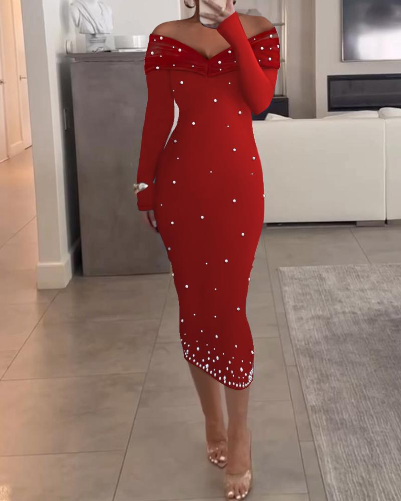 

Off Shoulder Long Sleeve Beaded Midi Dress, Red