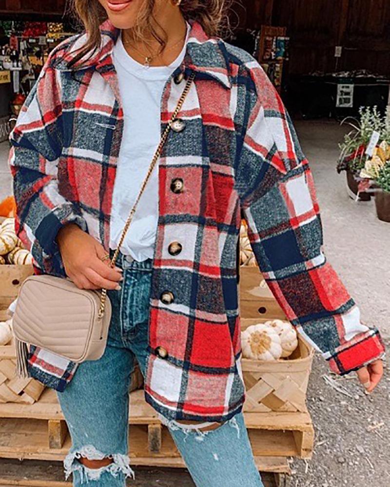 

Long Sleeve Buttoned Plaid Print Shacket, Red