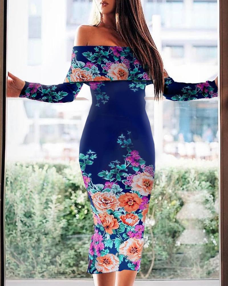 

Off Shoulder Floral Print Skinny Dress, Blue