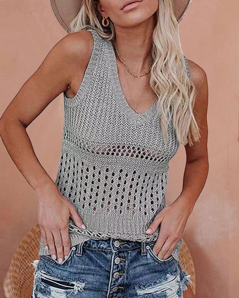 

Solid Color Hollow-out Weave Sleeveless Tank Top, Gray