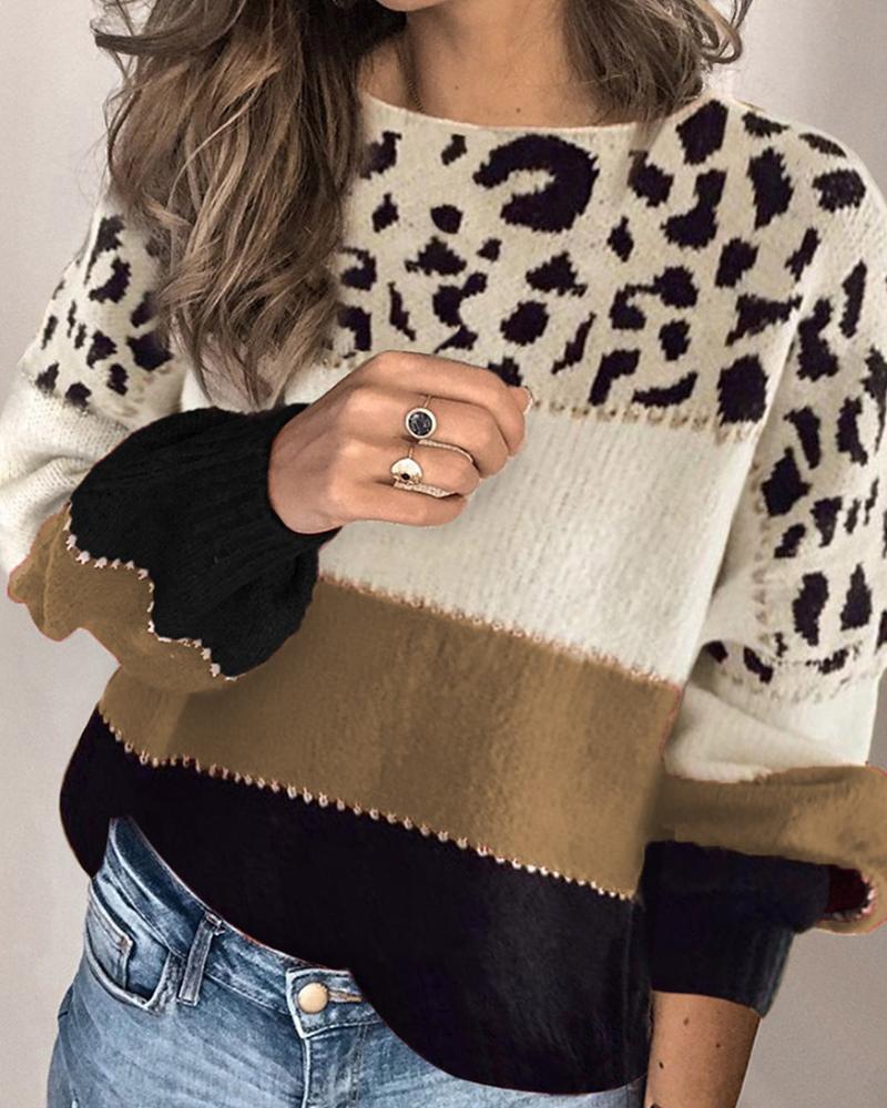 

Contrast Leopard Colorblock Long Sleeve Sweater, Brown