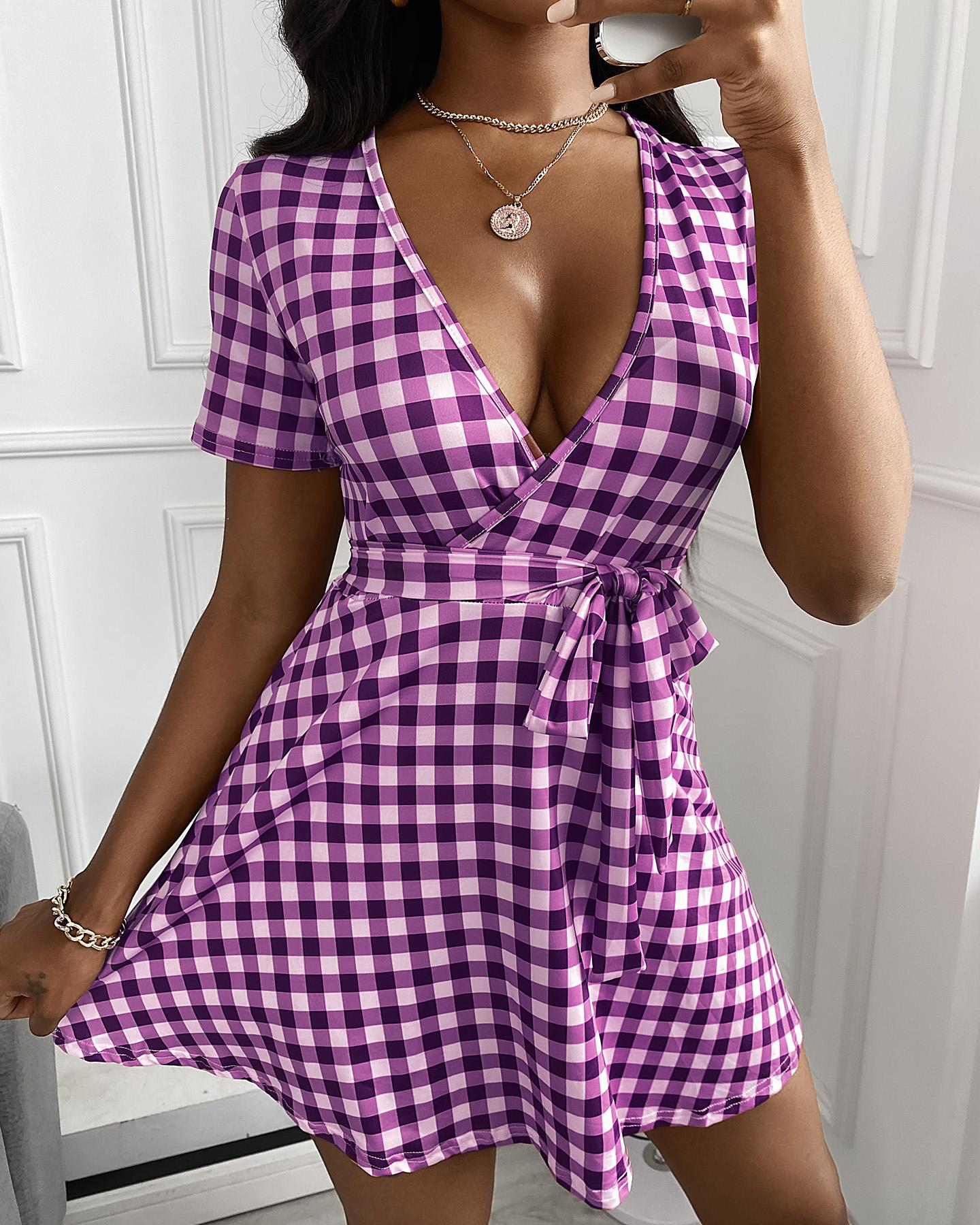 

Plaid Strap Sleeveless Skinny A-line Mini Dress, Purple