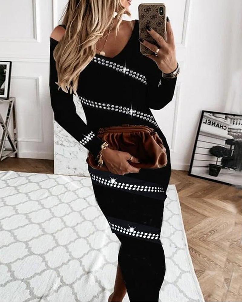

Rhinestone Decor Long Sleeve Party Dress, Black