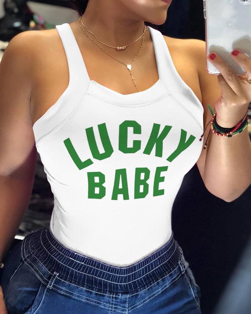 

Lucky Babe Print Bowknot Decor Tank Top, White