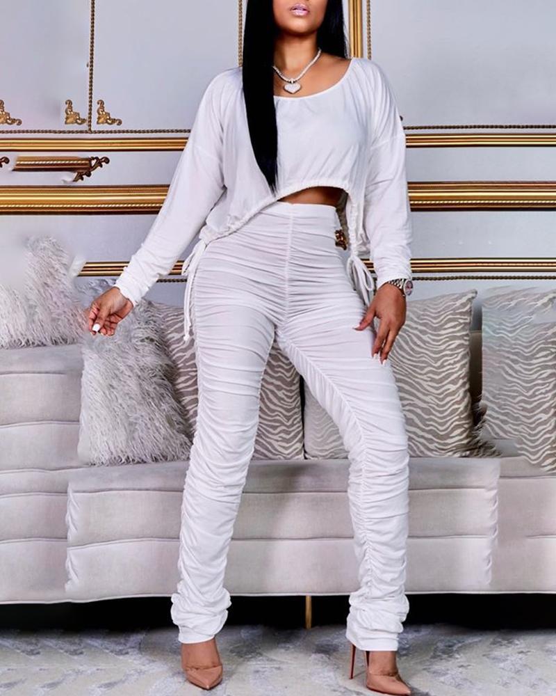 

Drawstring Long Sleeve Top & Ruched High Waist Pants Set, Beige