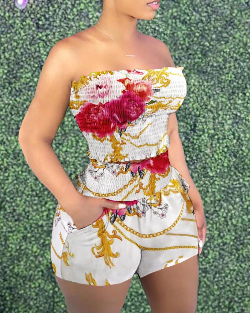 

Floral Chain Print Bandeau Shirred Top & Shorts Set, White