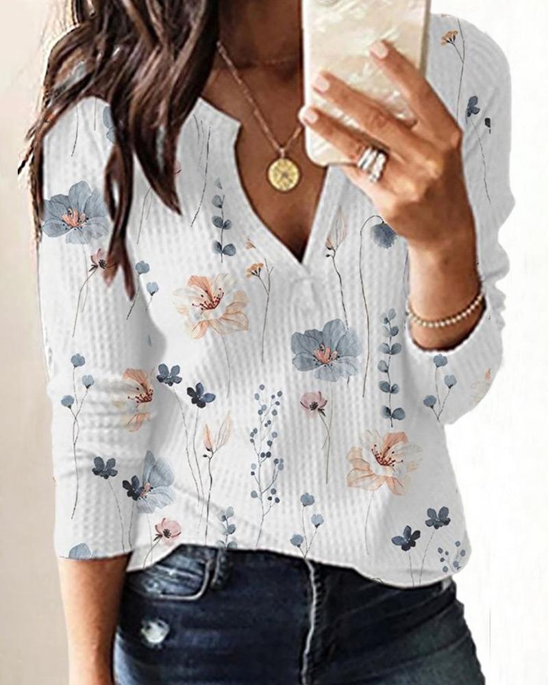 

Floral Print Notch Neck Waffle Knit Top, White