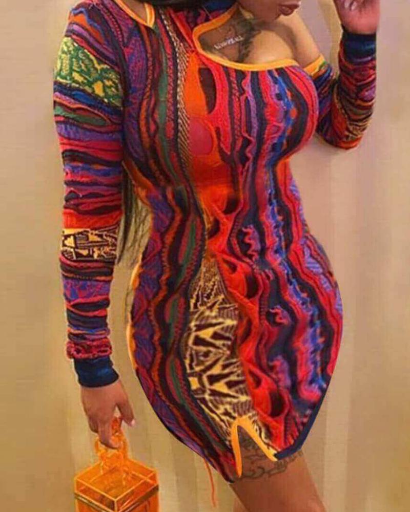 

One Shoulder Colorblock Long Sleeve Bodycon Women Dress, Orange