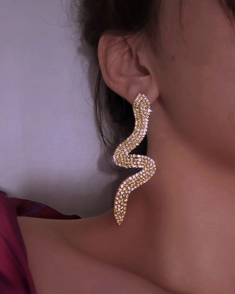 

1Pair Sparkling Rhinestone Snake-Shaped Earrings, Gold