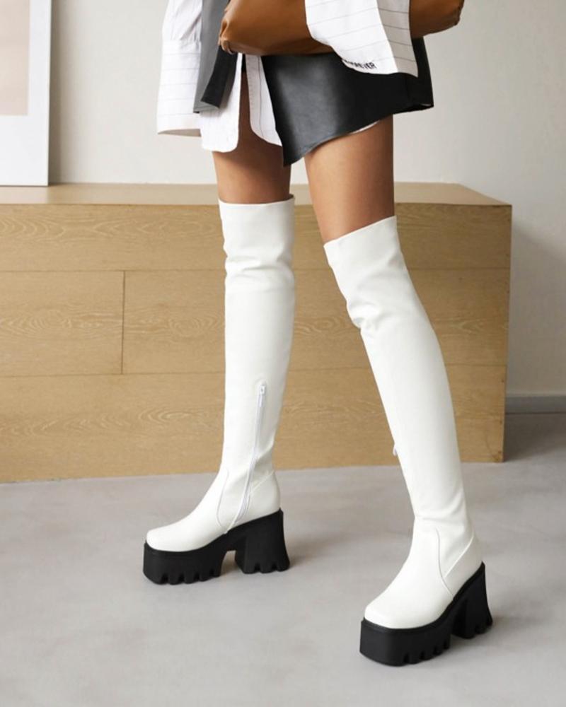 

Square Toe Platform Over The Knee Chunky Boots, White