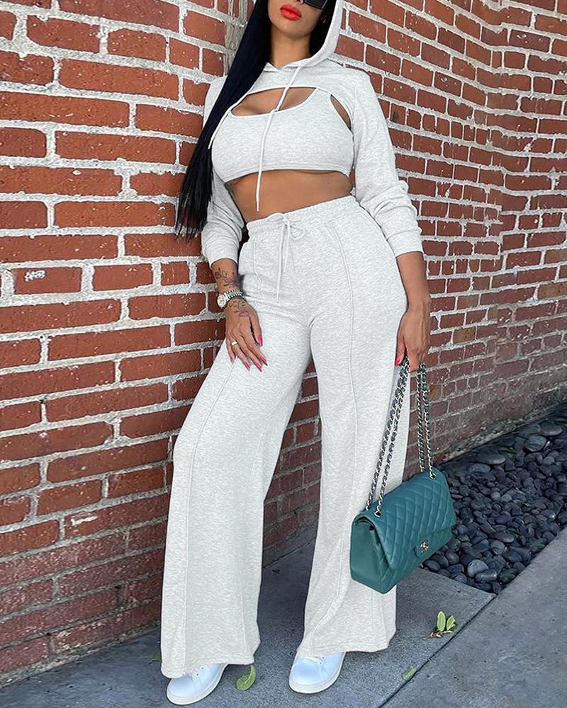 

Long Sleeve Hooded Crop Top & Drawstring Pants Set, Gray
