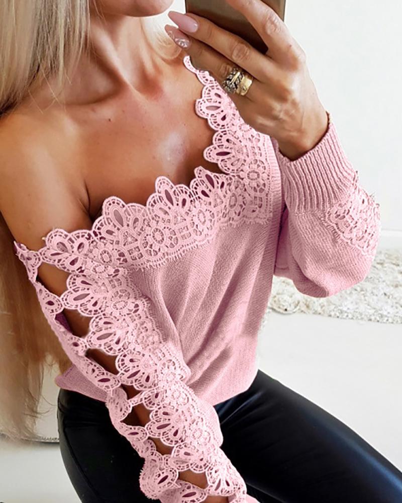 

Off Shoulder Hollow out Trim Women Blouse, Pink