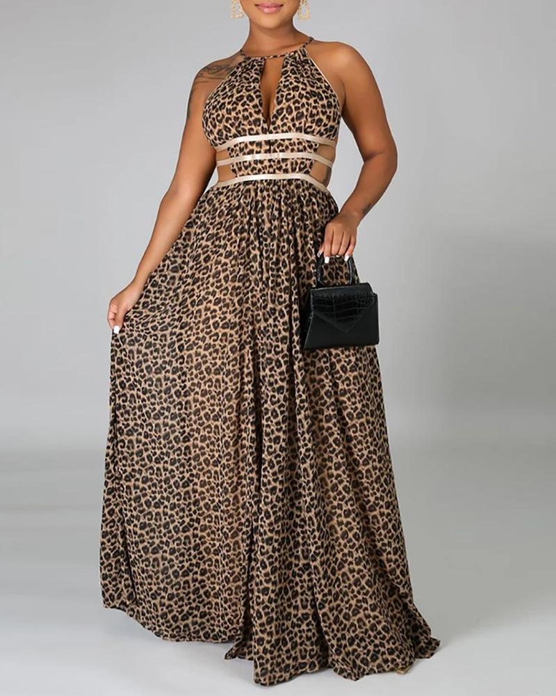 

Halter Cheetah Print Cutout Backless Maxi Dress, Black