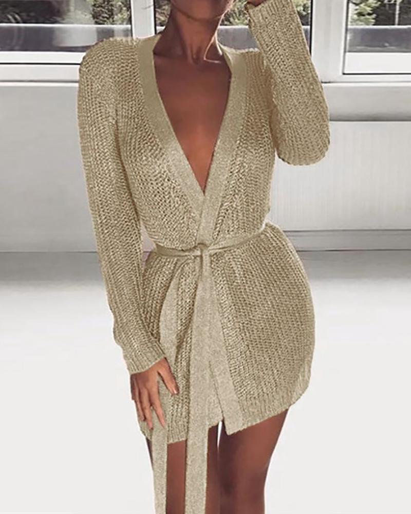 

Knit Long Sleeve Cardigan With Belt, Khaki