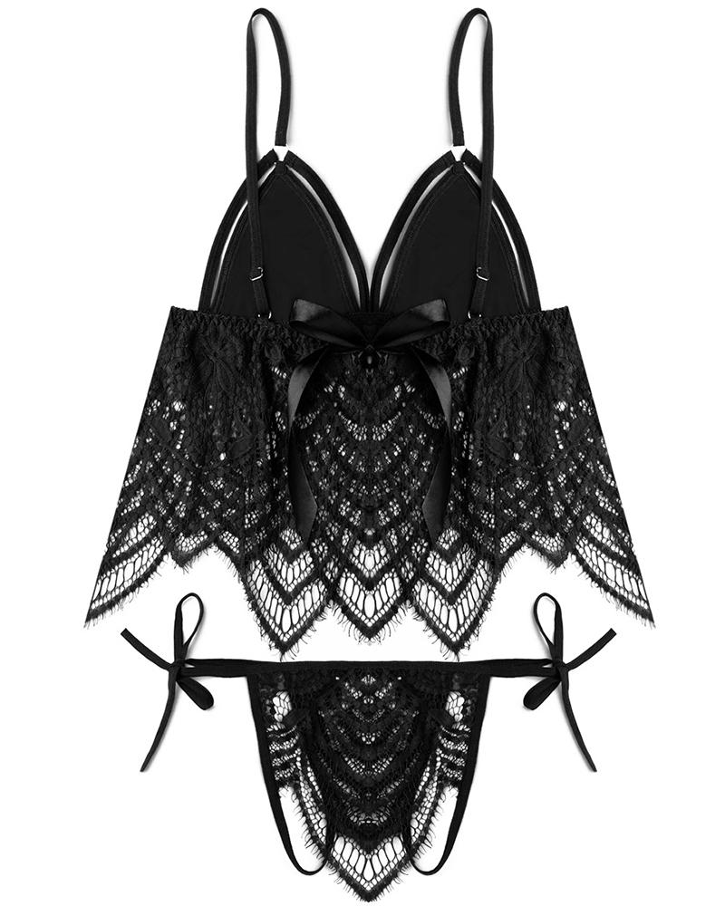 

Eyelash Lace Bowknot Decor Lingerie Set, Black