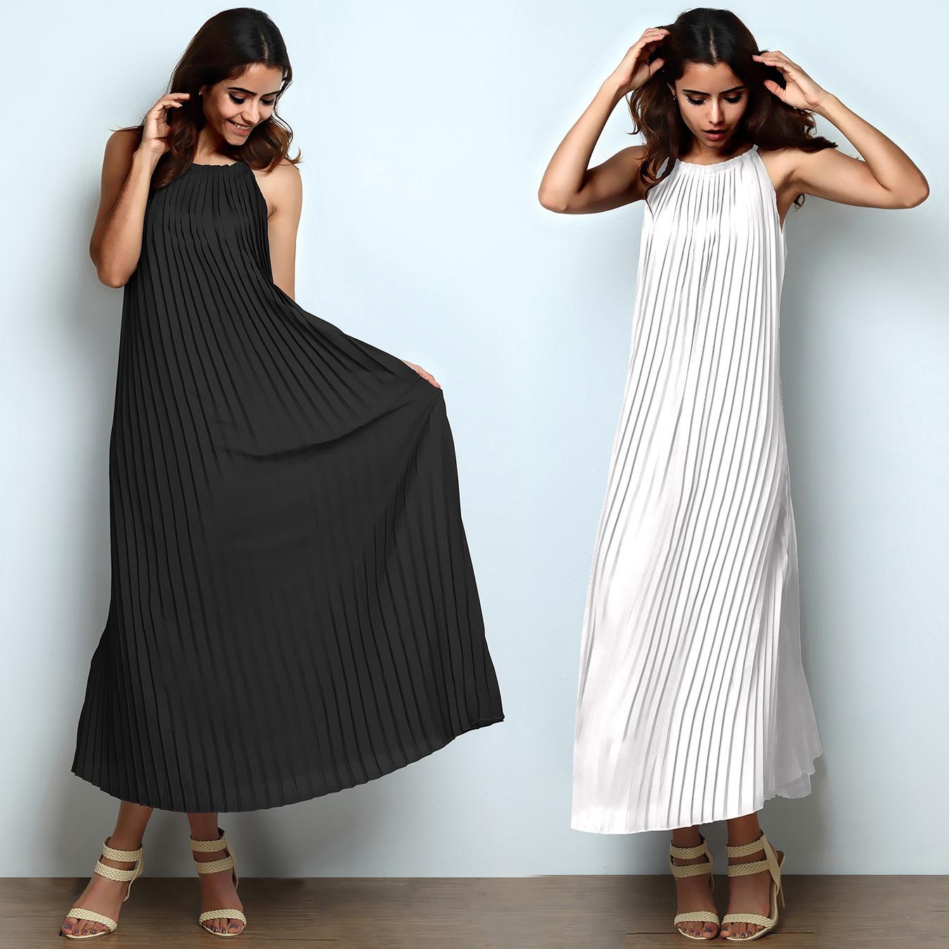 

Hot Summer Halter Pleated Casual Maxi Dress, White