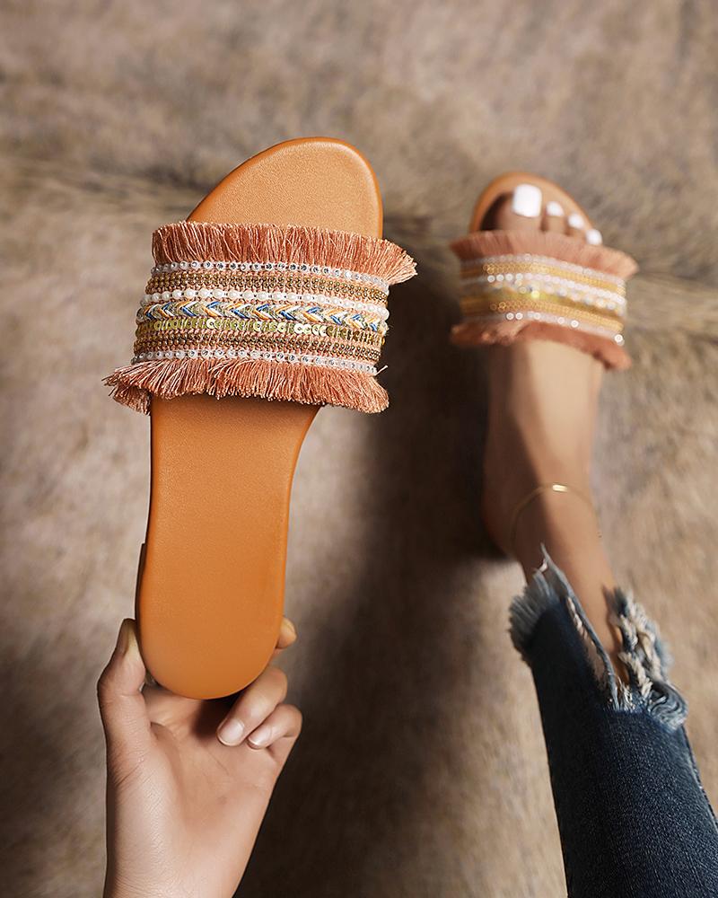 

Vintage Tassel Patch Round-toe Flat Sandals, Apricot
