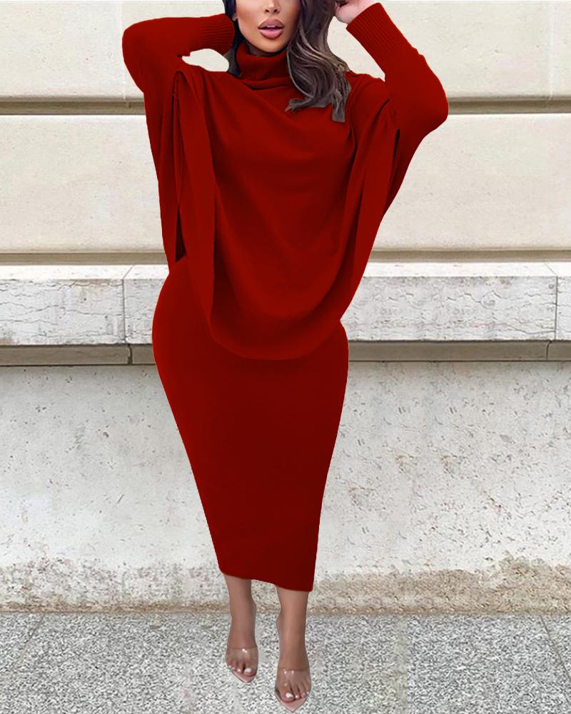 

Plus Size Ribbed Split Hem Batwing Sleeve Top & Skirt Set, Red