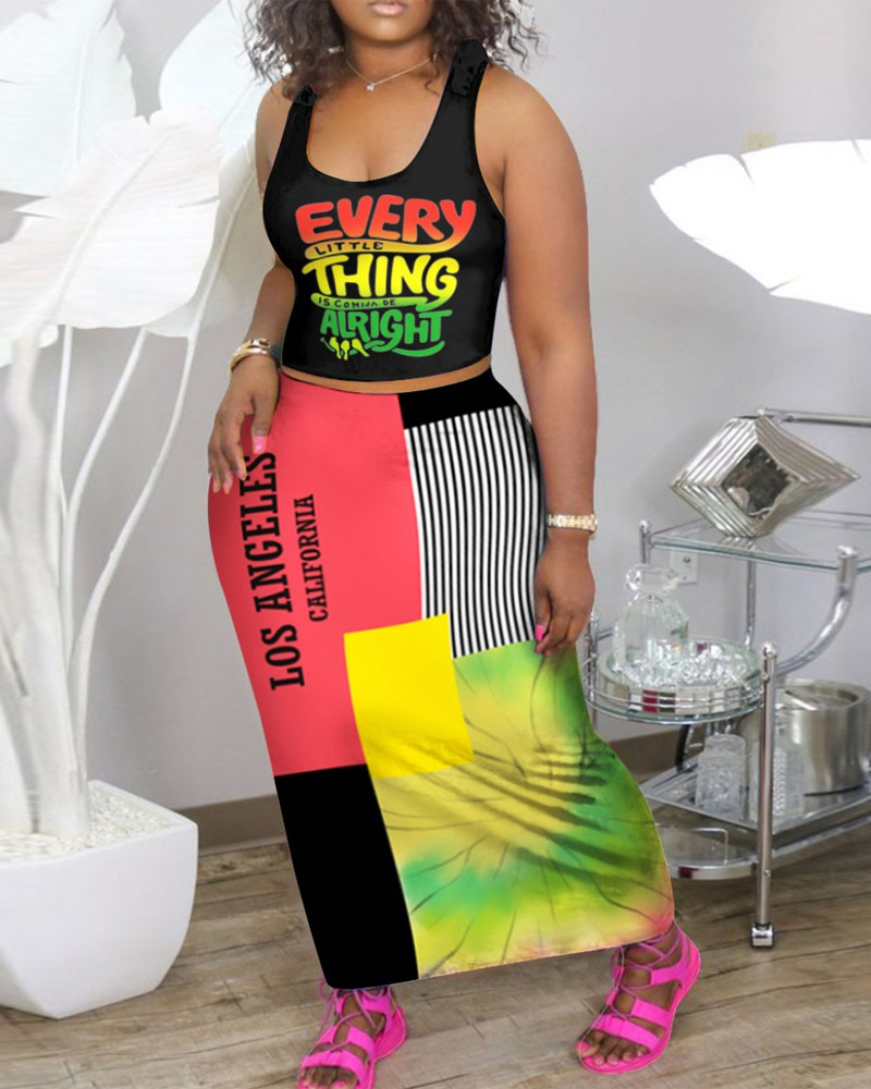 

Letter Print Tank Top & Colorblock Skirt Set, Red