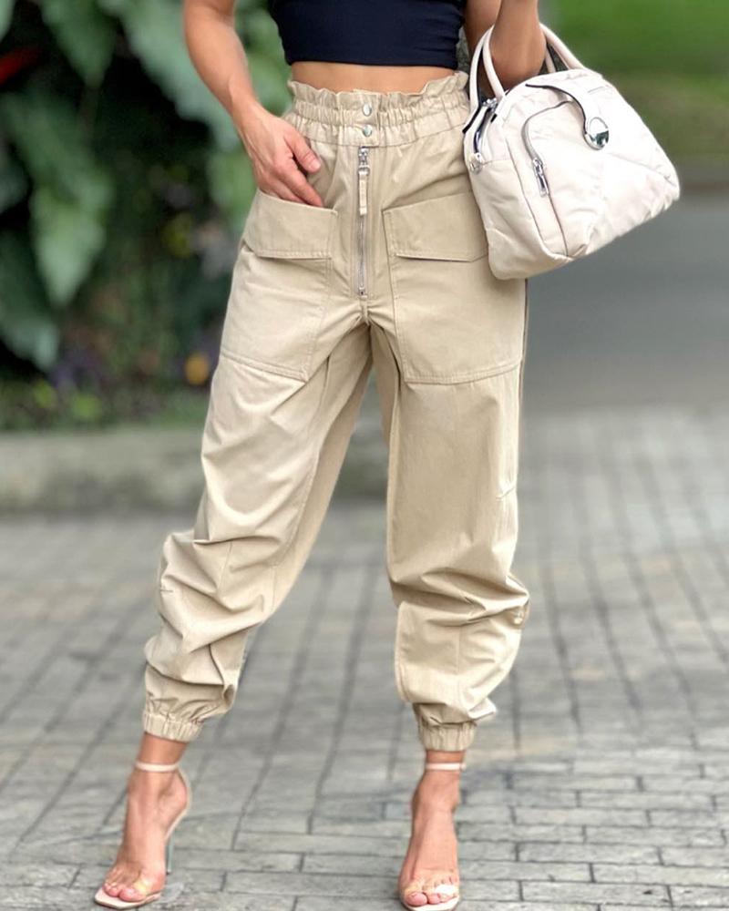 

Frill Hem Pocket Zipper Decor Cargo Pants, Beige
