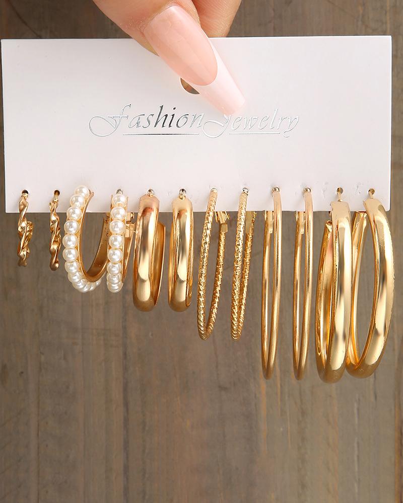 

6Pairs Beaded Chain Hoop Earrings Set, Gold