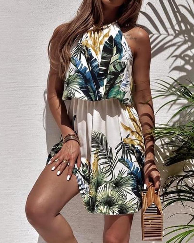 

Palm Leaf Print Drawstring Backless Dress, White