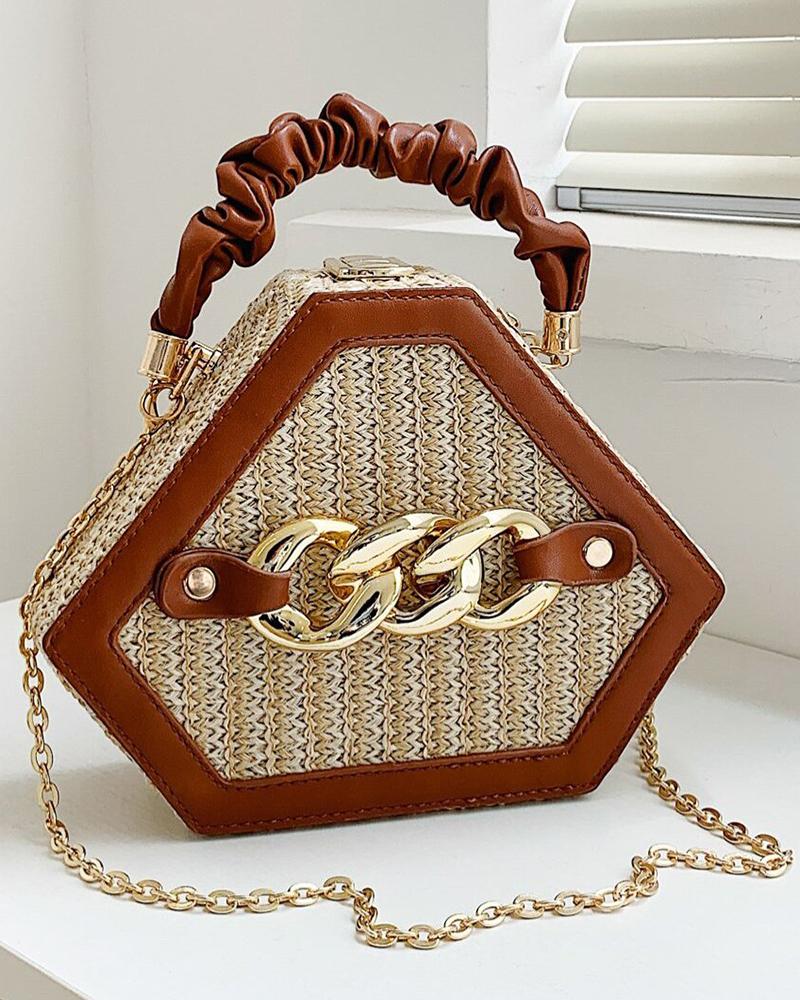 

Trendy Chain Decor Top Handle Straw Geometrical Crossbody Bag, Brown