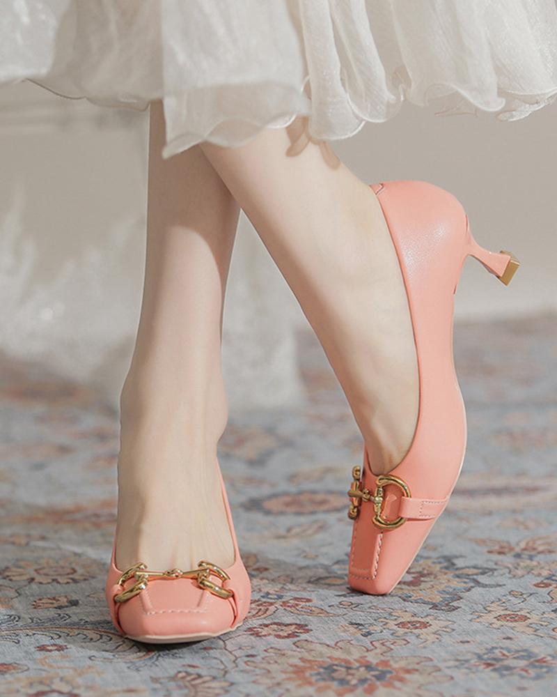 

Womens Vintage Solid Color Square Toe Heel, Pink