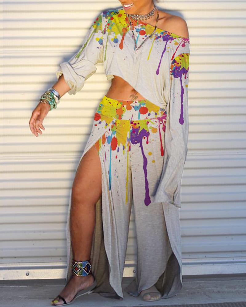 

Splash Ink Long Sleeve T-shirt & Slit Pant Sets, Gray