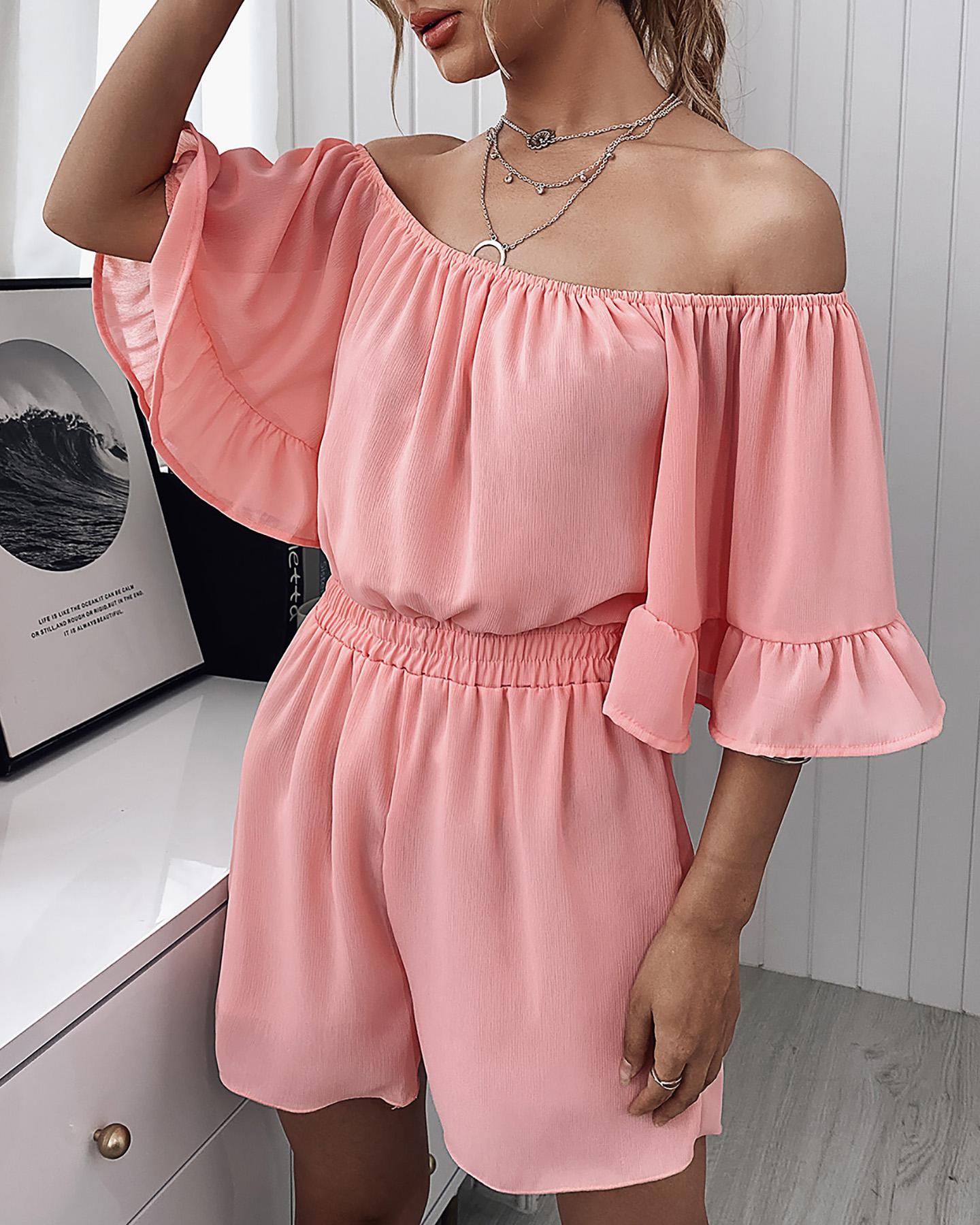 

Solid Color Ruffle Hem Half Sleeve Chiffon Rompers, Pink