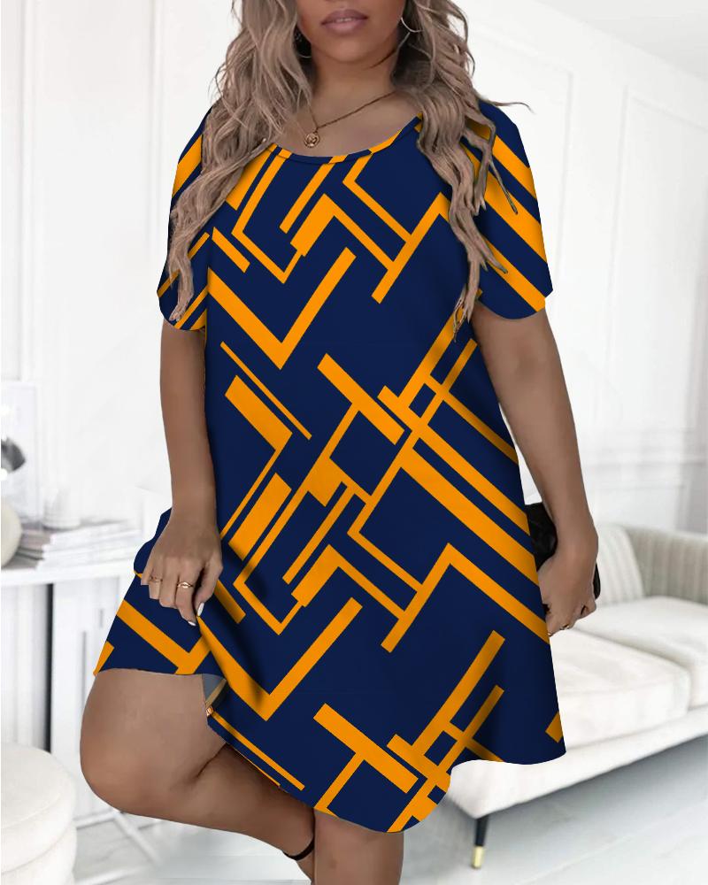 

Plus Size Geometric Print Short Sleeve Sleep Dress, Purplish blue