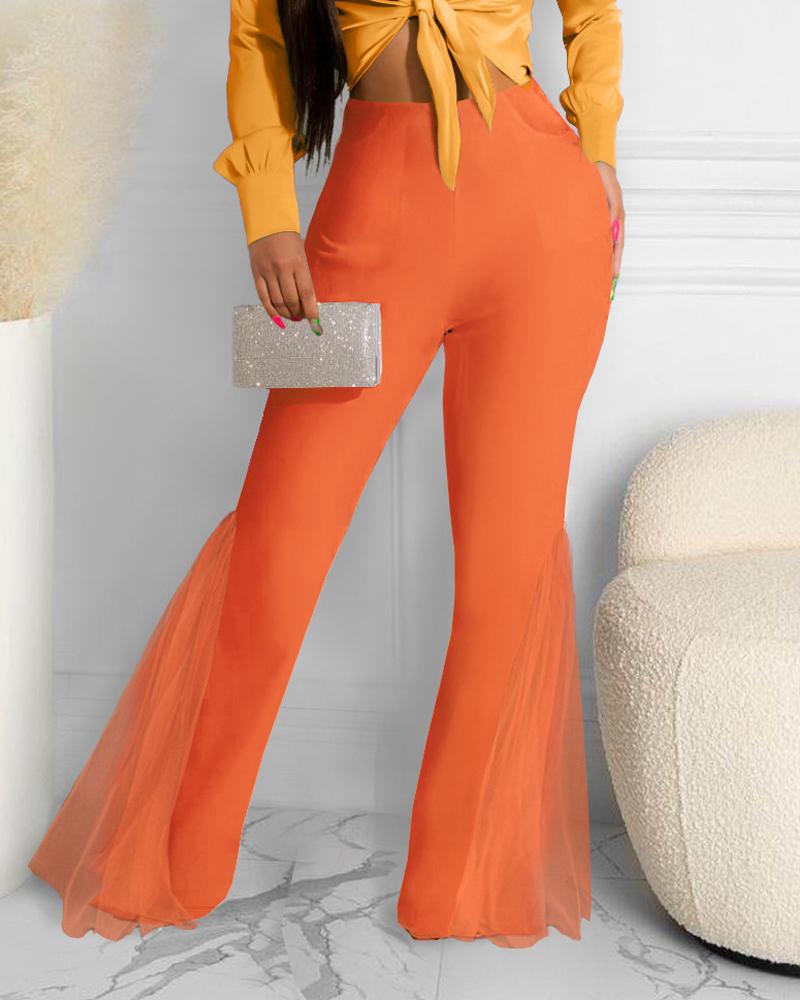 

Contrast Mesh Flared Leg High Waist Pants, Orange