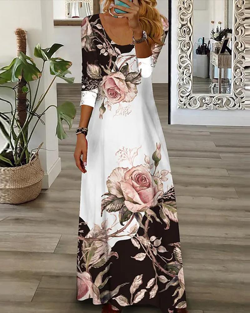 

Women's Floral Print Crew Neck Flared Casual Maxi Dress, White