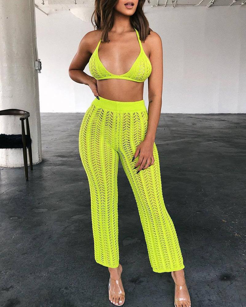 

Knit Halter Hollow Out Crop Top & Pants Set, Yellow