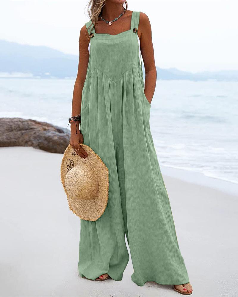 

Pastel Pocket Design Wide Leg Suspender Jumpsuit, Light green