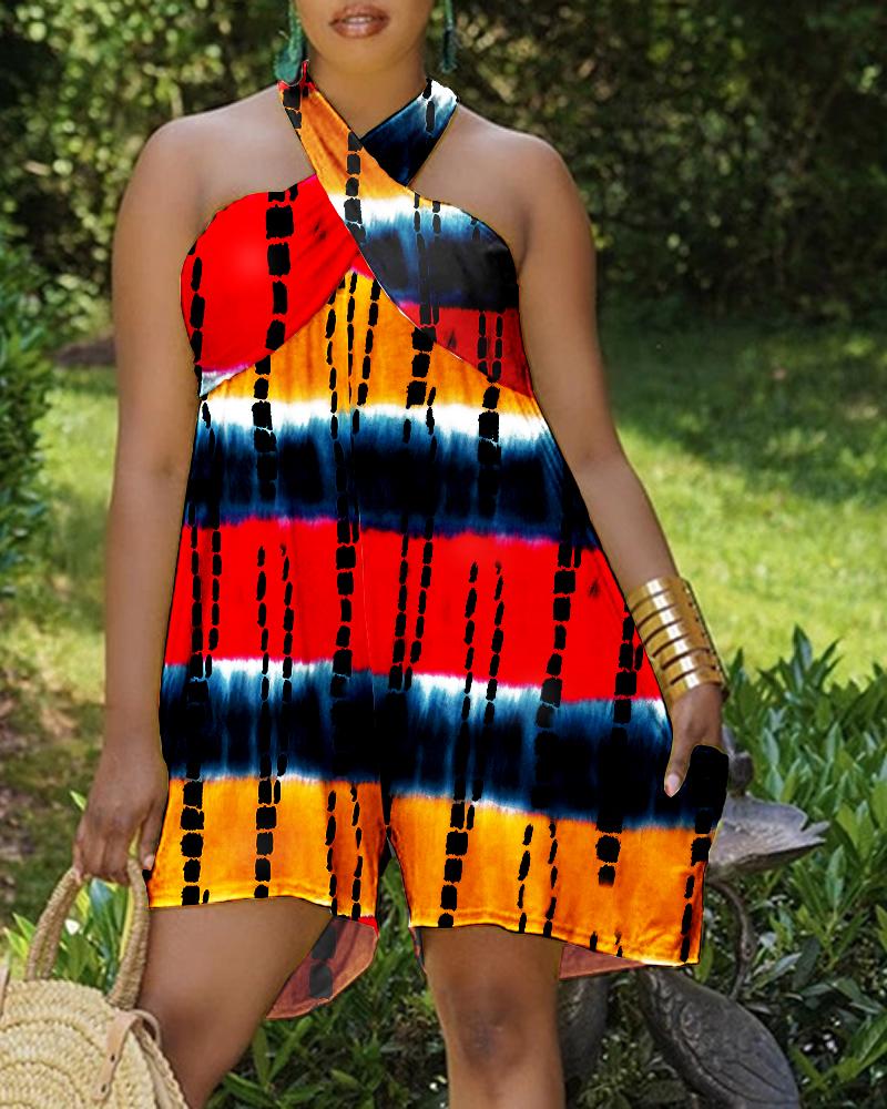 

Tie Dye Print Pocket Design Crisscross Halter Romper, Multicolor