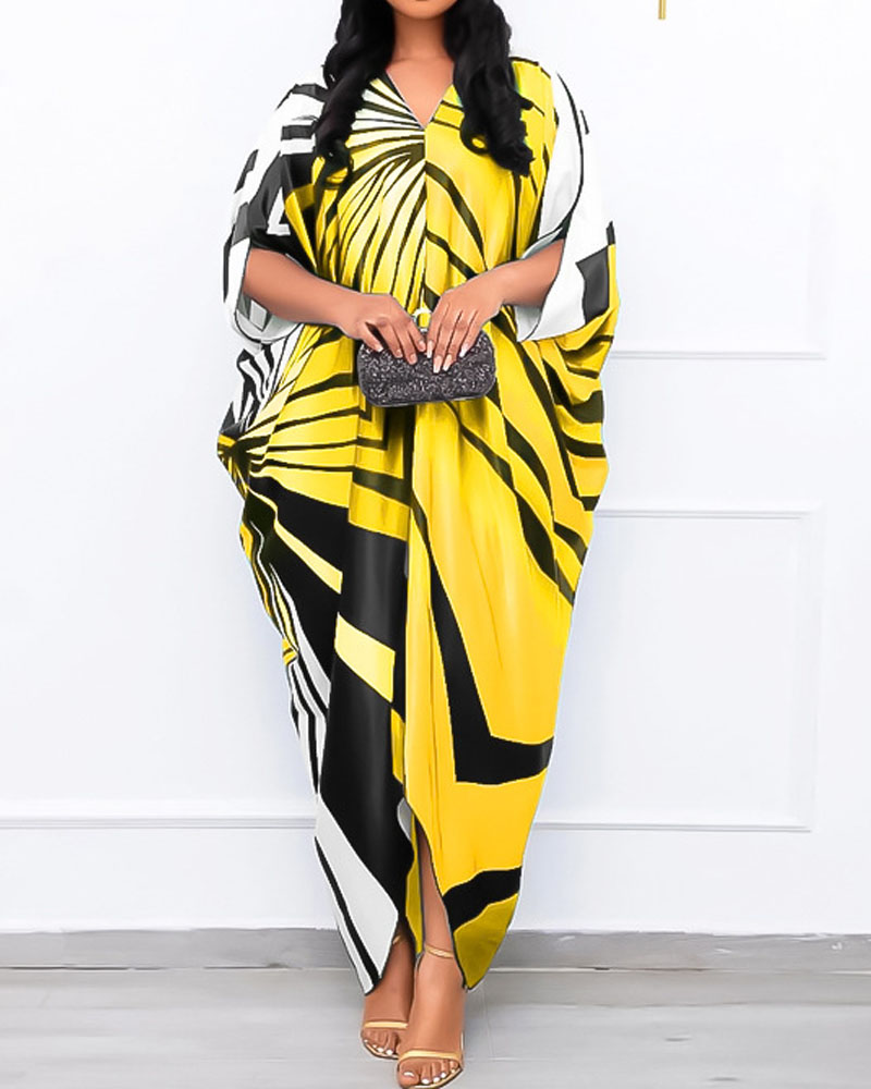 

Geometric Print Batwing Sleeve Casual Dress, Yellow