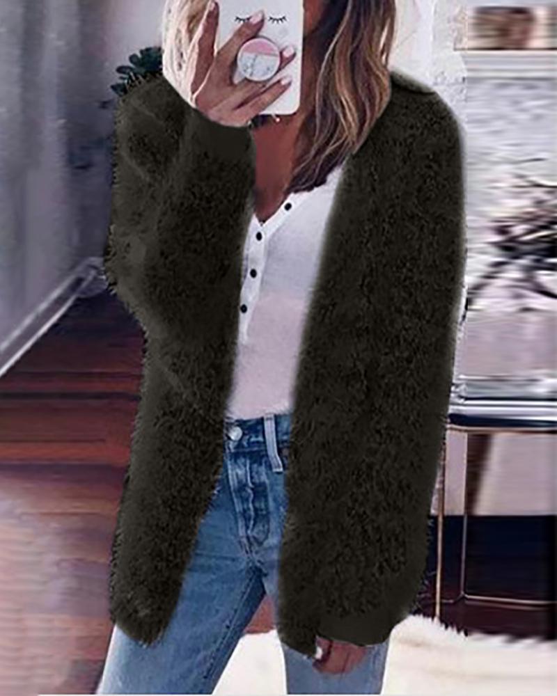 

Solid Fluffy Long Sleeve Casual Cardigan, Black