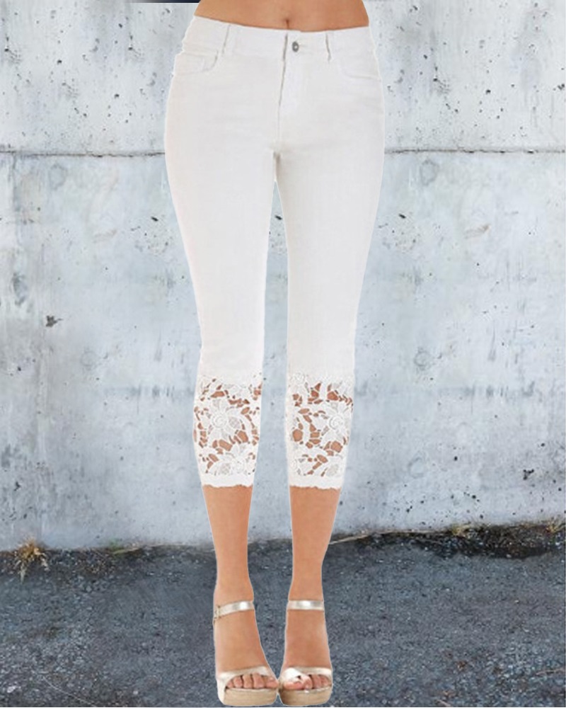 

Contrast Lace Zip Fly Capris Jeans, White