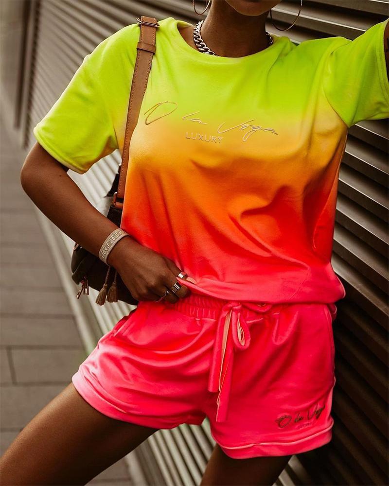 

Letter Print Colorblock T-Shirt & Drawstring Shorts Set, Yellow