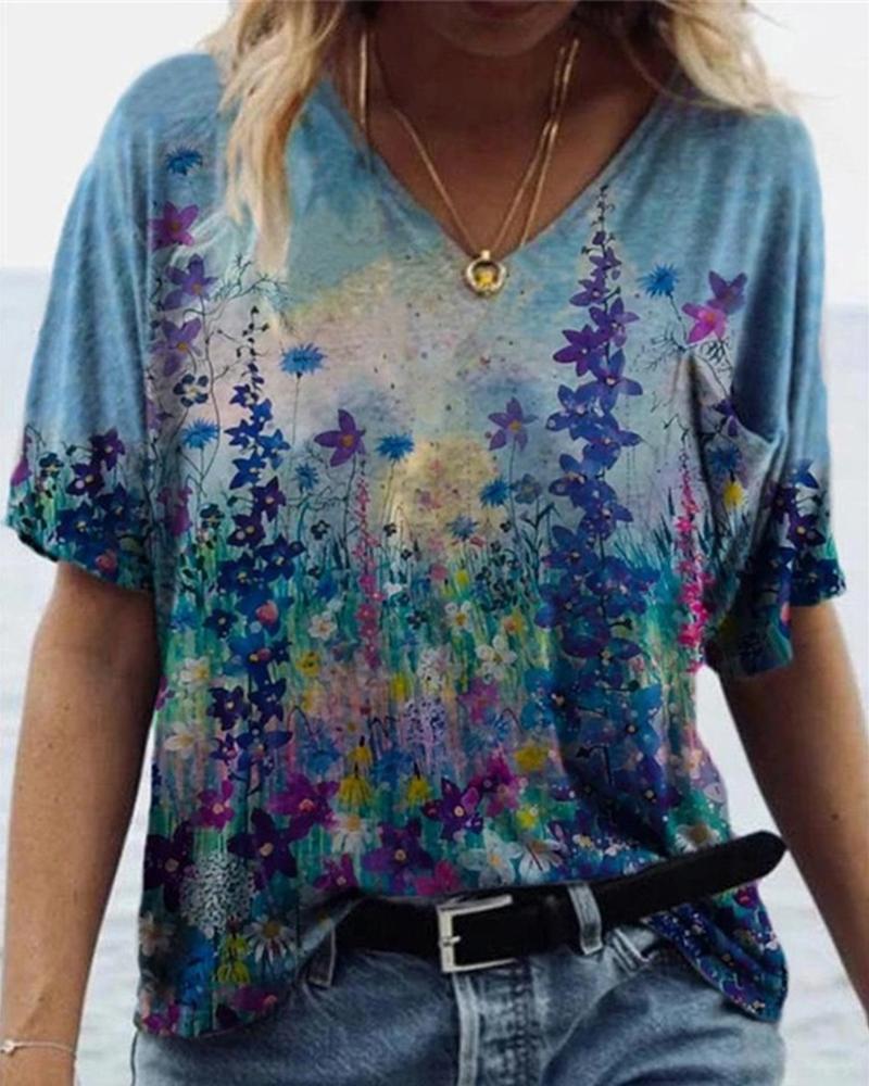 

Floral Graphic Print Short Sleeve T-Shirt, Style5